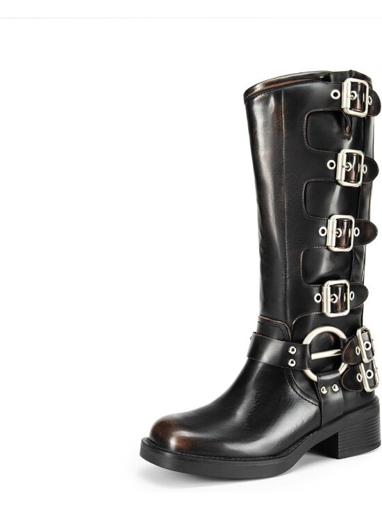 Shoes - Women's Black/Brown Faux Leather Adjustable Buckles Chunky Heel Knee High Boots